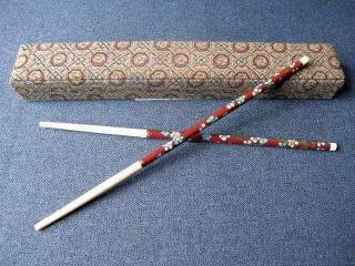 Vintage Chinese Cloisonne Enamel Flowers & Bovine Bone Chopsticks W Box