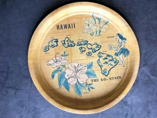 Vintage Hawaii Bamboo Round Tray 50th State Map Of Islands Hibiscus Hula Girl