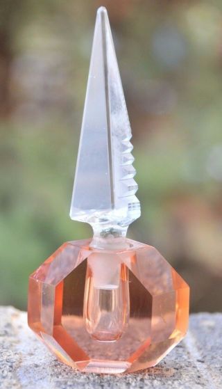 Vintage Antique Rose Color Heavy Cut Glass Perfume Bottle Zipper Cut Stopper