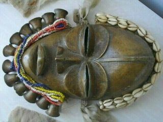 Rare African Bronze Dan Mask Raffia Guerre Cowries Bells Ivory Coast