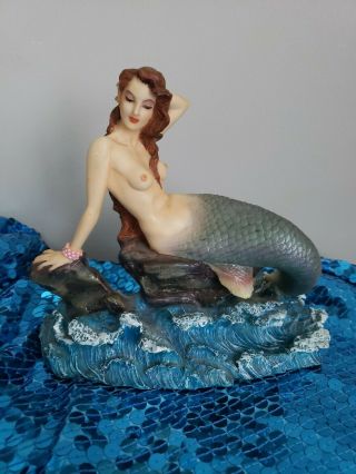 Gorgeous Topless Mermaid Sitting On Rock With Crashing Waves Figure - Great Gift