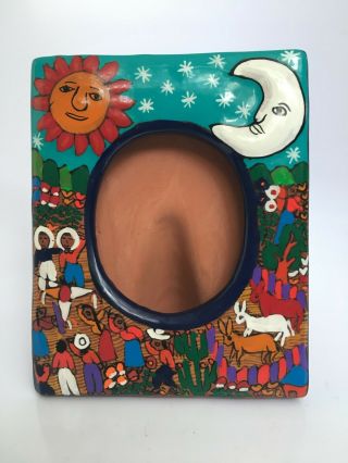 Mexican Clay Pottery Hand Painted Folk Art Picture Frame Sun & Moon Village
