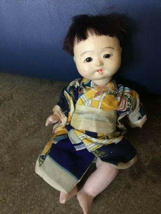 Antique Chinese Composition Doll In Silk Clothing Glass Eyes Jointed