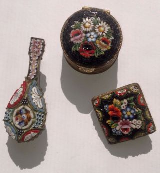 Vintage Antique Micro Mosaic Pill Trinket Box Madolin Pin & Square Brooch Italy