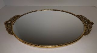 Large Vintage Matson Gold Ormolu Gilt Filigree Mirror Vanity Tray Rose Handles
