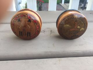 Two Vintage Wooden Snuff Boxes With Centaur And Hunters ? Each 2 1/4” Radius
