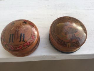 Two Vintage Wooden Snuff Boxes with Centaur And Hunters ? Each 2 1/4” Radius 2
