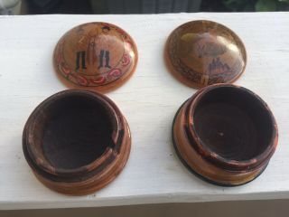 Two Vintage Wooden Snuff Boxes with Centaur And Hunters ? Each 2 1/4” Radius 3