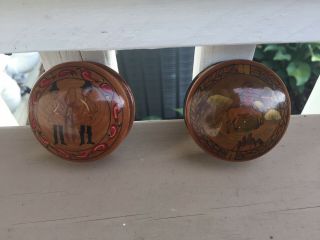 Two Vintage Wooden Snuff Boxes with Centaur And Hunters ? Each 2 1/4” Radius 5