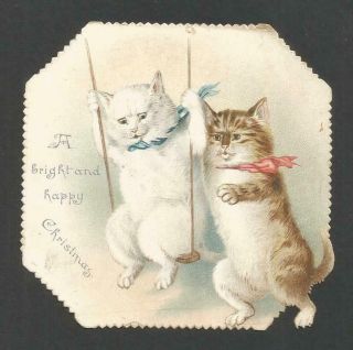 A85 - Cute Anthropomorphic Cats With A Swing - Diecut Victorian Xmas Card