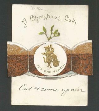 A79 - OPENING XMAS CAKE - CAT PLAYING CELLO INSIDE - VICTORIAN MARCUS WARD CARD 2