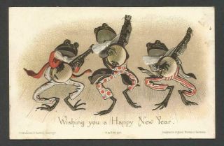 A74 - Anthropomorphic Frog Trio Playing Banjos - Victorian Year Card