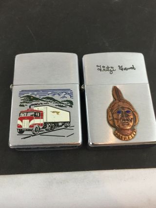 2 Zippo Lighters With Truck Advertising / Graphics Navajo Trucking 1976 & 1977