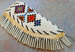 Native American Beaded Knife Sheath Apache Style,  Brain Tan Hide,  8 1/3 " Long