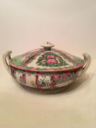 Vintage Japanese Porcelain Serving Dish & Lid Hand Decorated With 2 Spoons