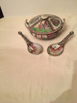 Vintage Japanese Porcelain Serving Dish & Lid Hand Decorated with 2 Spoons 2