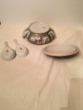 Vintage Japanese Porcelain Serving Dish & Lid Hand Decorated with 2 Spoons 3