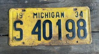 Vtg 1934 Michigan License Plate 6 Digit S - 40198 Gas Oil Rat Hot Rod Mancave Look