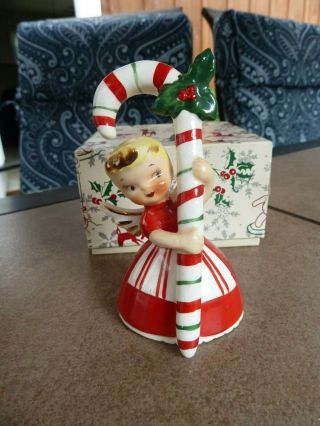Vintage 1956 Napco Blonde Angel Girl Candy Cane Bell Christmas Figurine 4 " Tall