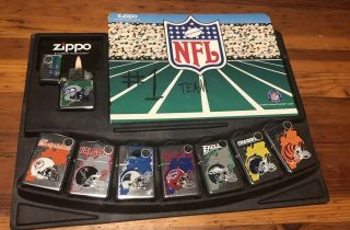Rare Zippo Nfl Lighter Set Of 8 Limited Production With Display Card (2003) Vg