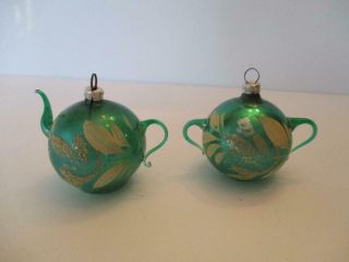 Vintage West Germany Glass Figural Tea Pot & Sugar Christmas Tree Ornaments