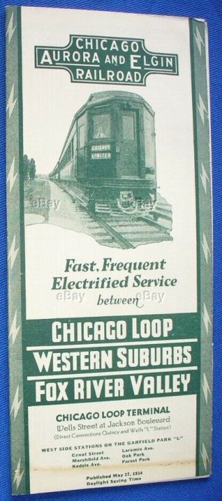 Old Railroad Time Table Chicago Aurora Elgin Railroad Loop Fox River Valley 1934