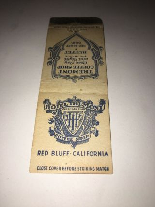 Vintage Matchbook Cover Hotel Tremont Red Bluff California