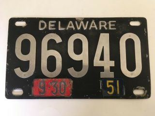 1951 Delaware License Plate Stainless Numbers Riveted Tabs On 1948 Base