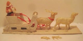 Old Cotton Christmas Santa In Cdbd Sleigh On Base,  Celluloid Deer W/ Box
