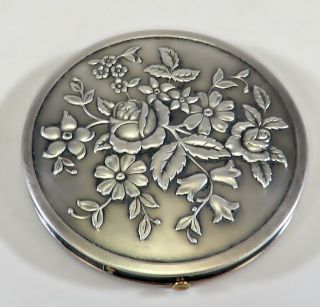 Antique Victorian Silver Rose Floral Repousse Compact Very Ornate