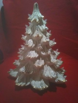 Vtg 14 " White/ Gold Ceramic Christmas Tree Gold Tips Clear Peg Lights.  (chipped)