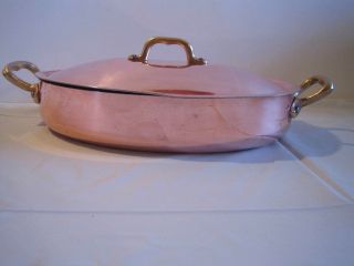 Vtg Copper Tin Brass 2 - Handle Oval Gratin Casserole Pan With Lid
