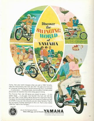 1966 Yamaha Motorcycle Ad - Full Page - " Discover The Swinging World Of Yamaha "