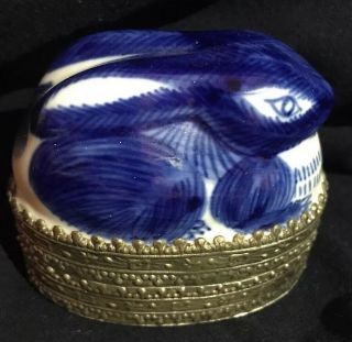 Vintage Chinese Blue,  White Ceramic Rabbit Nickel Silver?? Trinket Box