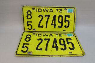 1972 Iowa License Plate Yellow Matching Pair 27495 Story County 85