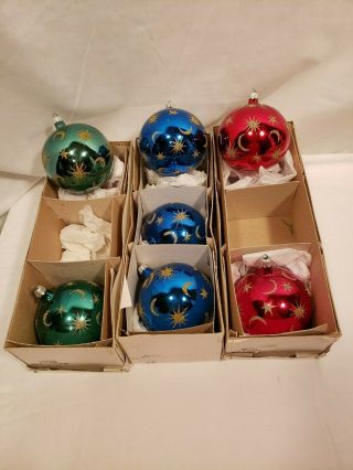 Vintage Mouthblown Ball Ornaments,  Astrology Design Hand - Painted,  Large Set Of 7