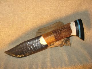 Gun Metal Gray Obsidian Bowie Knife With Elk Antler & Oak Bog Wood & Turquoise