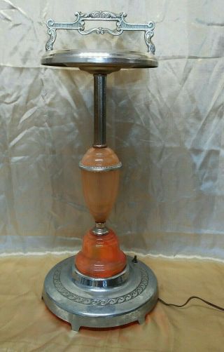 Antique Chrome Caramel Slag Glass Ashtray Lighted Base 27 " Smoking Vaping Stand