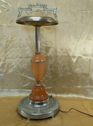 ANTIQUE CHROME Caramel SLAG GLASS Ashtray LIGHTED BASE 27 