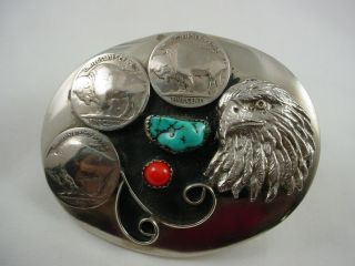Native American Sterling Silver Belt Buckle With Eagle,  Coral & Turquoise Stones
