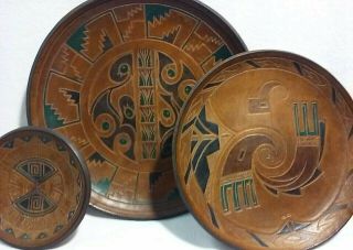 Set Of 3 Carved Soft Wood Decorative Plates From Argentina Ethnic Artwork