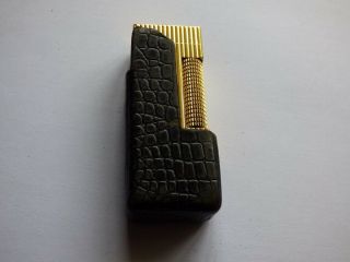 Dunhill Rollagas Lighter Gold Plated/vertical Lines,  Dunhill Croc Leather Case