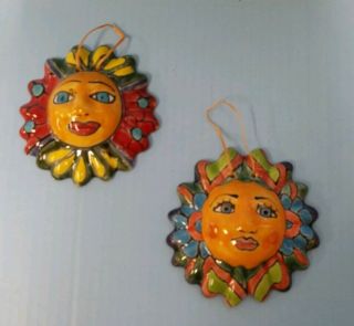 2 Sun Face Mexican Talavera Pottery Wall Folk Sunface Handpainted Art Small 4”