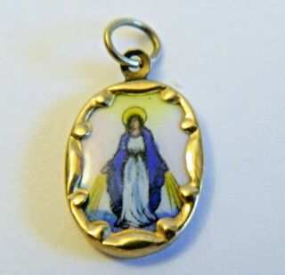 10k Gold Hand Painted Porcelain Miraculous Mary Medal Catholic Charm