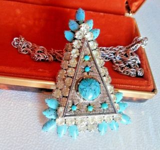 1967 Krewe Of Hermes Pin Pendant Mardi Gras Rhinestone Turquoise (like) Triangle