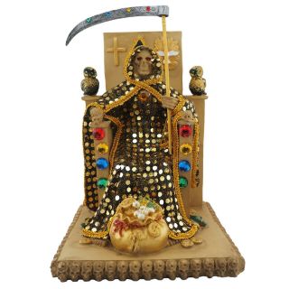 12 " Sentado Throne Gold Oro Santa Muerte With Shining Robe Holy Death Statue