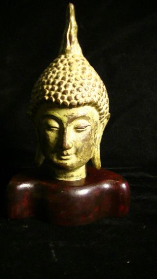 Handmade Old Brass Buddha Head On Teak Stand