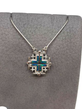 Jerusalem Cross Pendant Opal Sterling Silver Open Necklace Blue Christianity 925