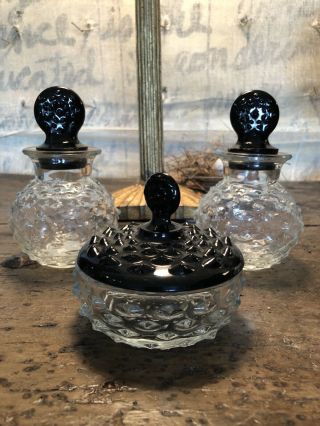 3 Piece Vintage Vanity Set 2 Perfume Bottles Powder Bowl Hobnail Black Amethyst