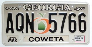 Embossed Georgia 2008 License Plate Aqn - 5766 Newnan,  Coweta County,